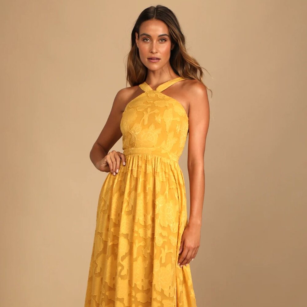 Lulus Love and Beyond Marigold Burnout Floral Maxi Dress